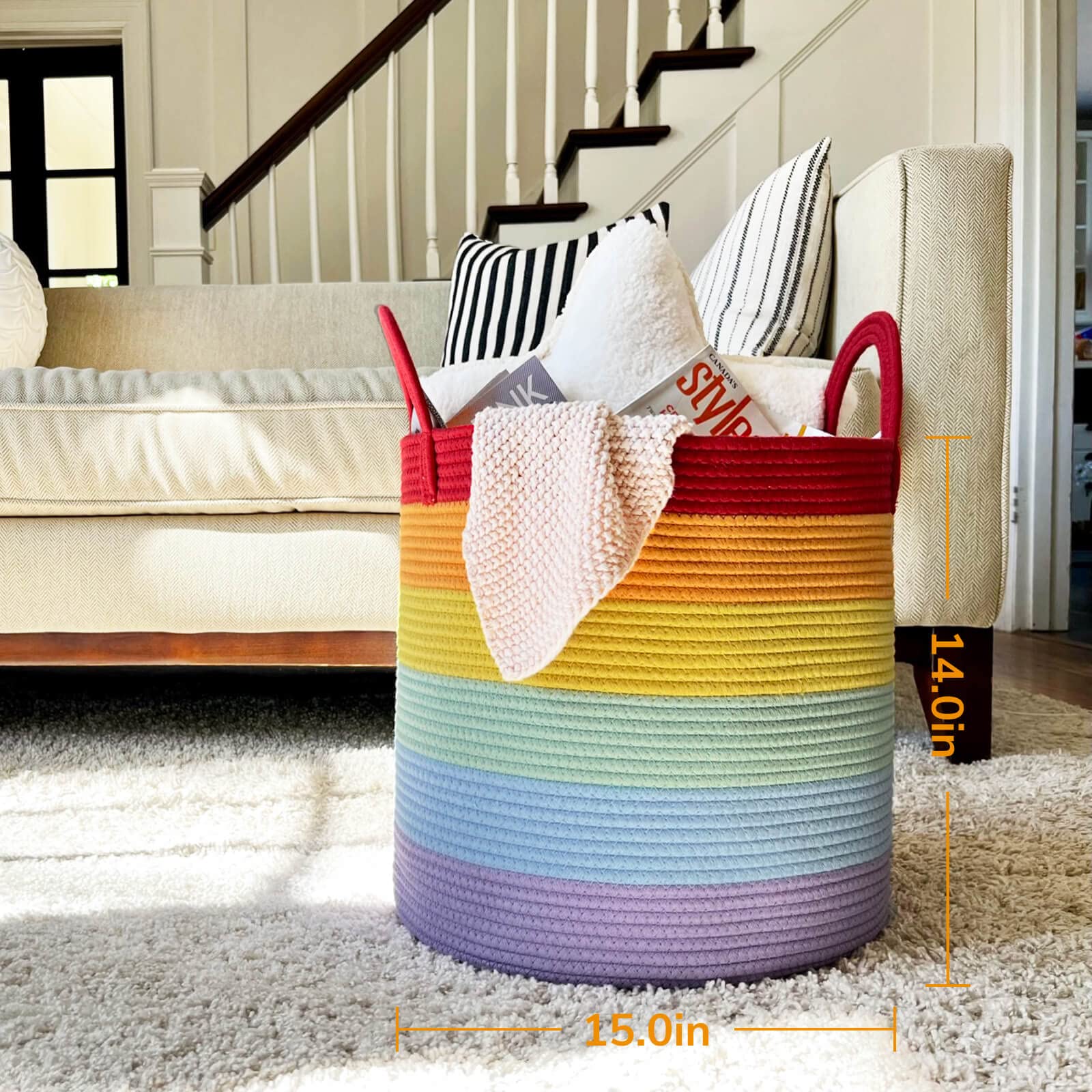 Goodpick Rainbow Laundry Basket, Baby Nursery Hamper, Decorative Storage Basket for Kids, Woven Cotton Rope Basket, Tall Basket with Handles, Colorful Gift Basket, 15 x 14 Inches