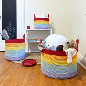 Goodpick Rainbow Laundry Basket, Baby Nursery Hamper, Decorative Storage Basket for Kids, Woven Cotton Rope Basket, Tall Basket with Handles, Colorful Gift Basket, 15 x 14 Inches