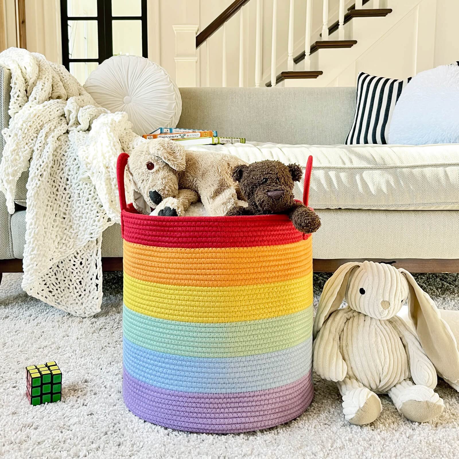 Goodpick Rainbow Laundry Basket, Baby Nursery Hamper, Decorative Storage Basket for Kids, Woven Cotton Rope Basket, Tall Basket with Handles, Colorful Gift Basket, 15 x 14 Inches