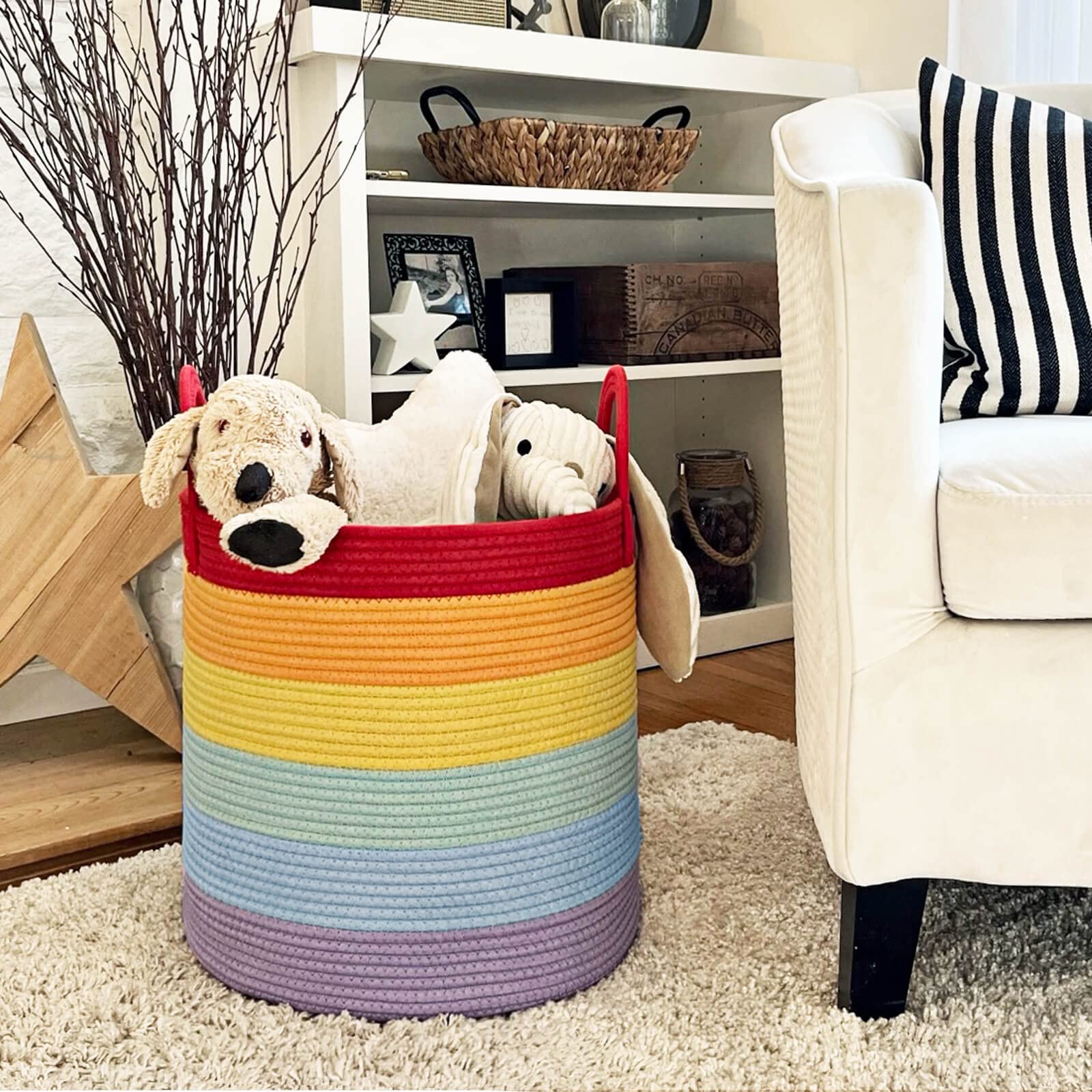 Goodpick Rainbow Laundry Basket, Baby Nursery Hamper, Decorative Storage Basket for Kids, Woven Cotton Rope Basket, Tall Basket with Handles, Colorful Gift Basket, 15 x 14 Inches