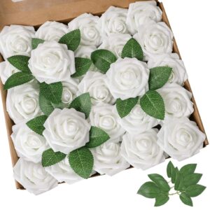 amyhomie artificial flowers white rose 100pcs real looking fake roses w/stem for diy wedding bouquets centerpieces arrangements party baby shower home decorations