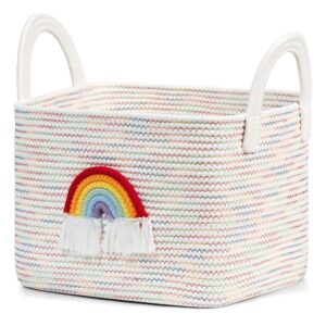 goodpick woven rope basket, gift basket for kids, medium shelf storage basket, colorful rainbow basket, baby basket with handle, decorative toy basket, 13.5 x 11 x 9 inches