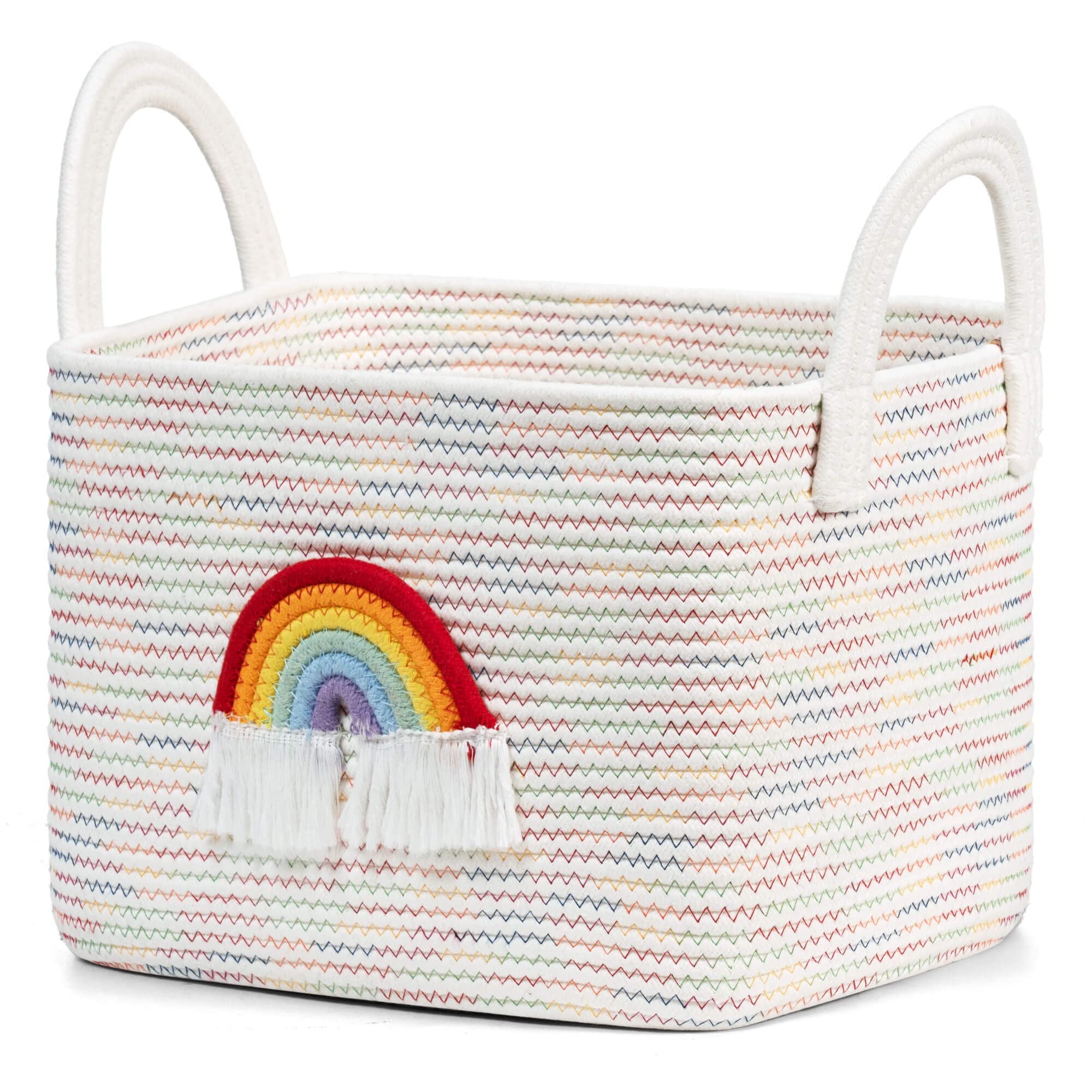 Goodpick Woven Rope Basket, Gift Basket for Kids, Medium Shelf Storage Basket, Colorful Rainbow Basket, Baby Basket with Handle, Decorative Toy Basket, 13.5 x 11 x 9 Inches