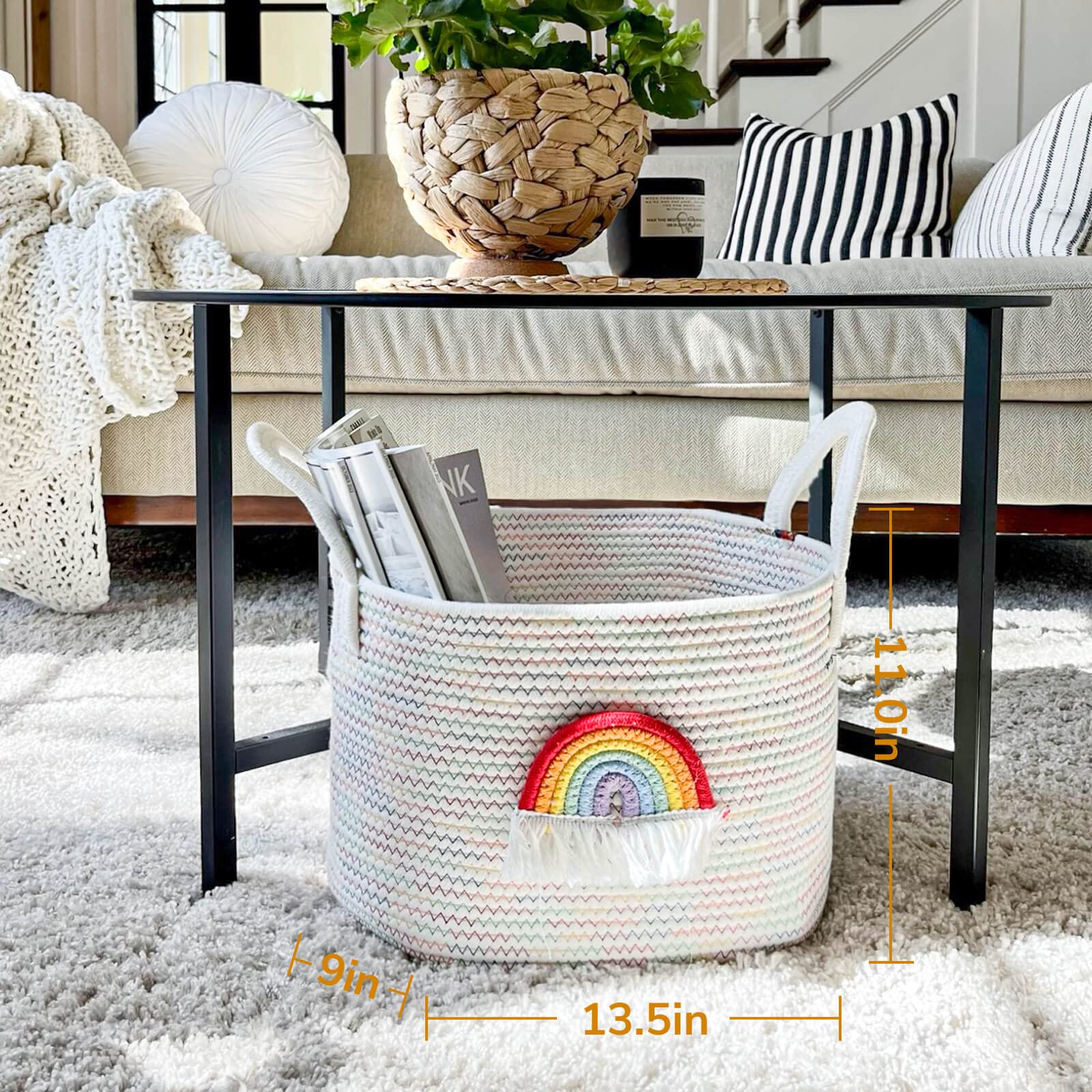 Goodpick Woven Rope Basket, Gift Basket for Kids, Medium Shelf Storage Basket, Colorful Rainbow Basket, Baby Basket with Handle, Decorative Toy Basket, 13.5 x 11 x 9 Inches