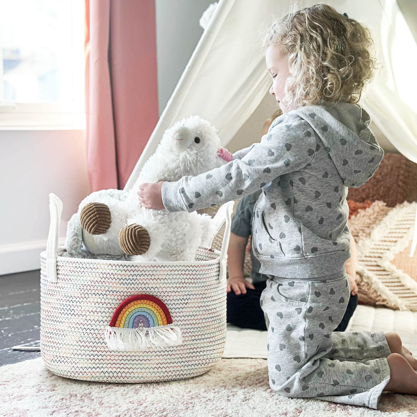 Goodpick Woven Rope Basket, Gift Basket for Kids, Medium Shelf Storage Basket, Colorful Rainbow Basket, Baby Basket with Handle, Decorative Toy Basket, 13.5 x 11 x 9 Inches