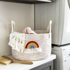 Goodpick Woven Rope Basket, Gift Basket for Kids, Medium Shelf Storage Basket, Colorful Rainbow Basket, Baby Basket with Handle, Decorative Toy Basket, 13.5 x 11 x 9 Inches