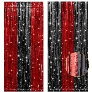 pigetale, 2 pack 3.2x8.2 feet black and red foil fringe curtains party decorations, tinsel curtain backdrop streamers for birthday graduation fiesta stranger theme halloween christmas party supplies