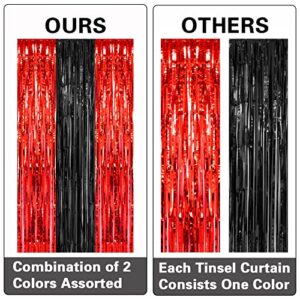 PIGETALE, 2 Pack 3.2x8.2 Feet Black and Red Foil Fringe Curtains Party Decorations, Tinsel Curtain Backdrop Streamers for Birthday Graduation Fiesta Stranger Theme Halloween Christmas Party Supplies