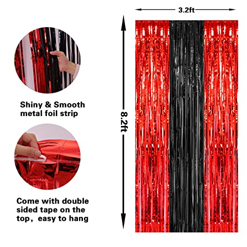 PIGETALE, 2 Pack 3.2x8.2 Feet Black and Red Foil Fringe Curtains Party Decorations, Tinsel Curtain Backdrop Streamers for Birthday Graduation Fiesta Stranger Theme Halloween Christmas Party Supplies