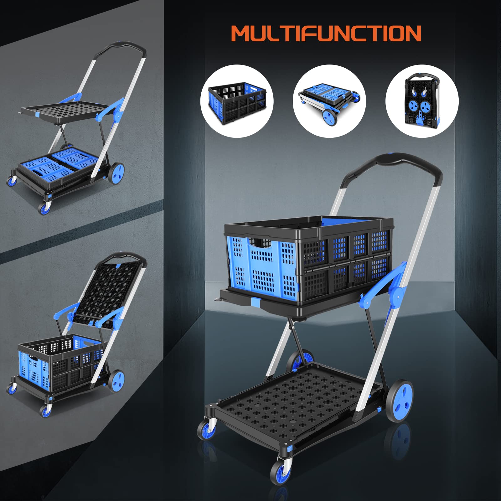 Functional Collapsible Utility Cart,Collapsible Shopping carts with Storage Crate Adjustable Shopping Cart Mobile Folding Trolley Lightweight, High-Capacity Storage Cart