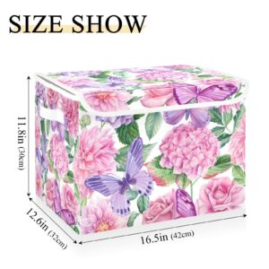 MFTJYO Storage Bin with Lid Purple Hydrangea Pink Roses Foldable Storage Box Washable Fabric Storage Cubes Bin Organizer Basket Closet for Home Bedroom Closet Nursery Office