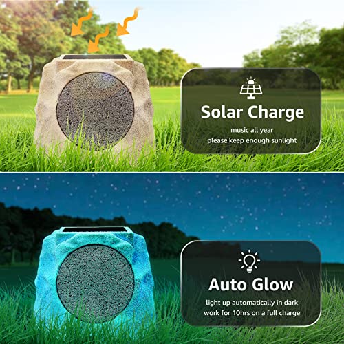 GGII Outdoor Rock Speaker - Solar Bluetooth Speaker, Wireless Bluetooth for Garden Patio Party, Waterproof, Solar Powered with Rechargeable Battery, Bluetooth Speakers with 7 Colors for All Seasons