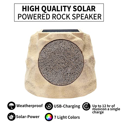 GGII Outdoor Rock Speaker - Solar Bluetooth Speaker, Wireless Bluetooth for Garden Patio Party, Waterproof, Solar Powered with Rechargeable Battery, Bluetooth Speakers with 7 Colors for All Seasons