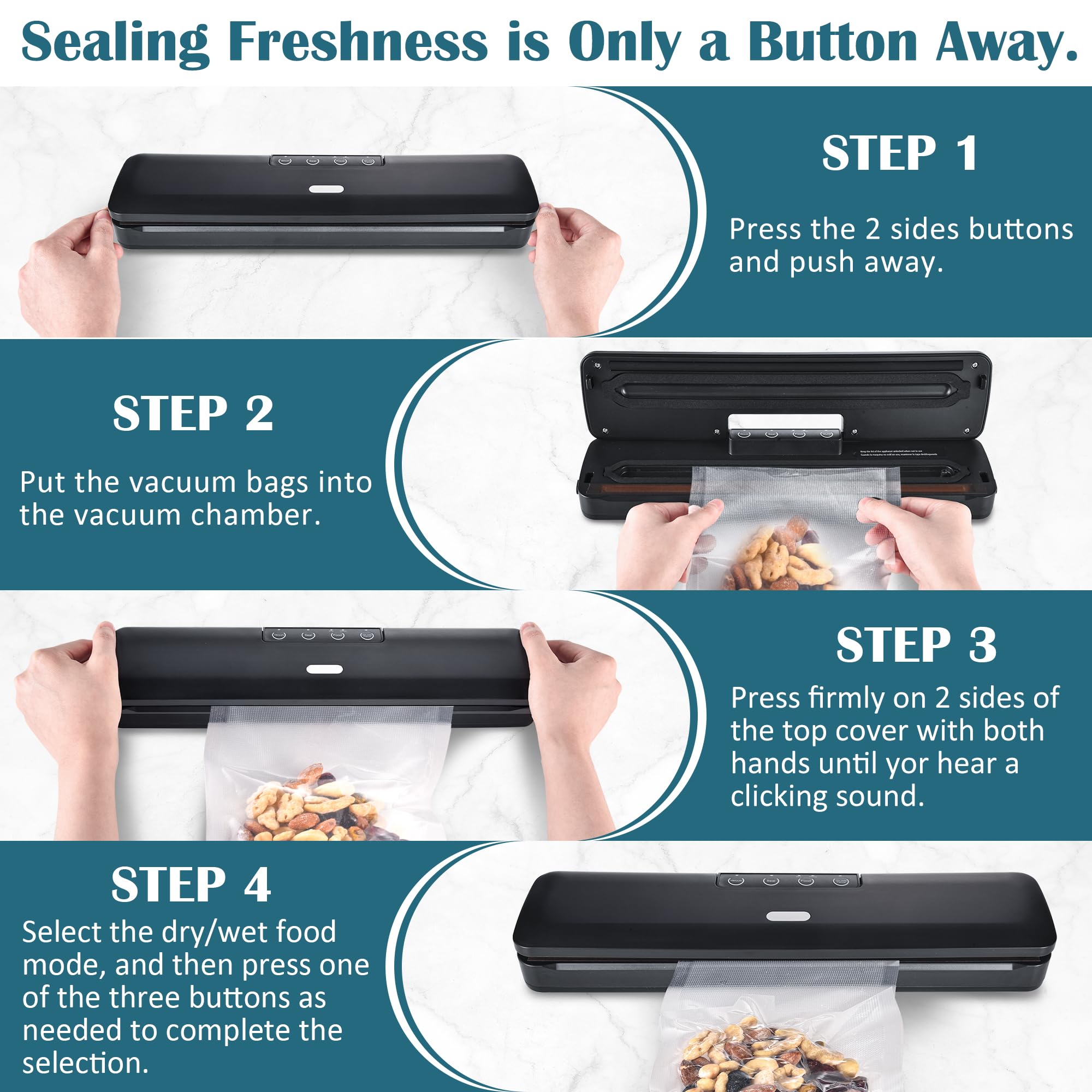 AOSION Vacuum Sealer Machine,Automatic Food Sealer for Food,Food Vacuum Sealer Automatic Air Sealing System for Food Storage Dry and Moist Food Modes with 15 pcs Sealer Bags,LED Indicator Lights,