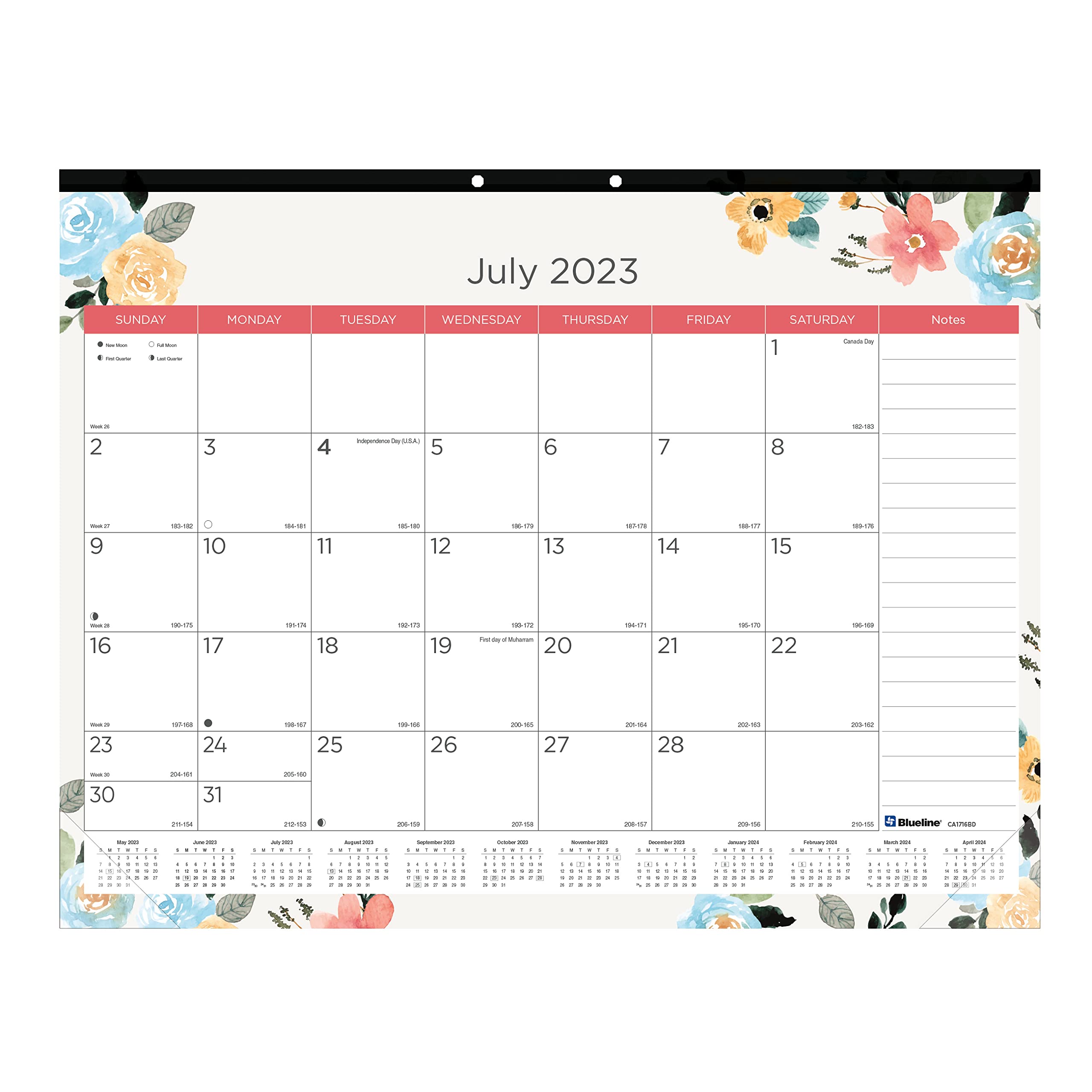 Blueline Academic Monthly Desk Pad Calendar, 18 Months, July 2023 to December 2024, 22" x 17", Blossom Design (CA1716BD-24)