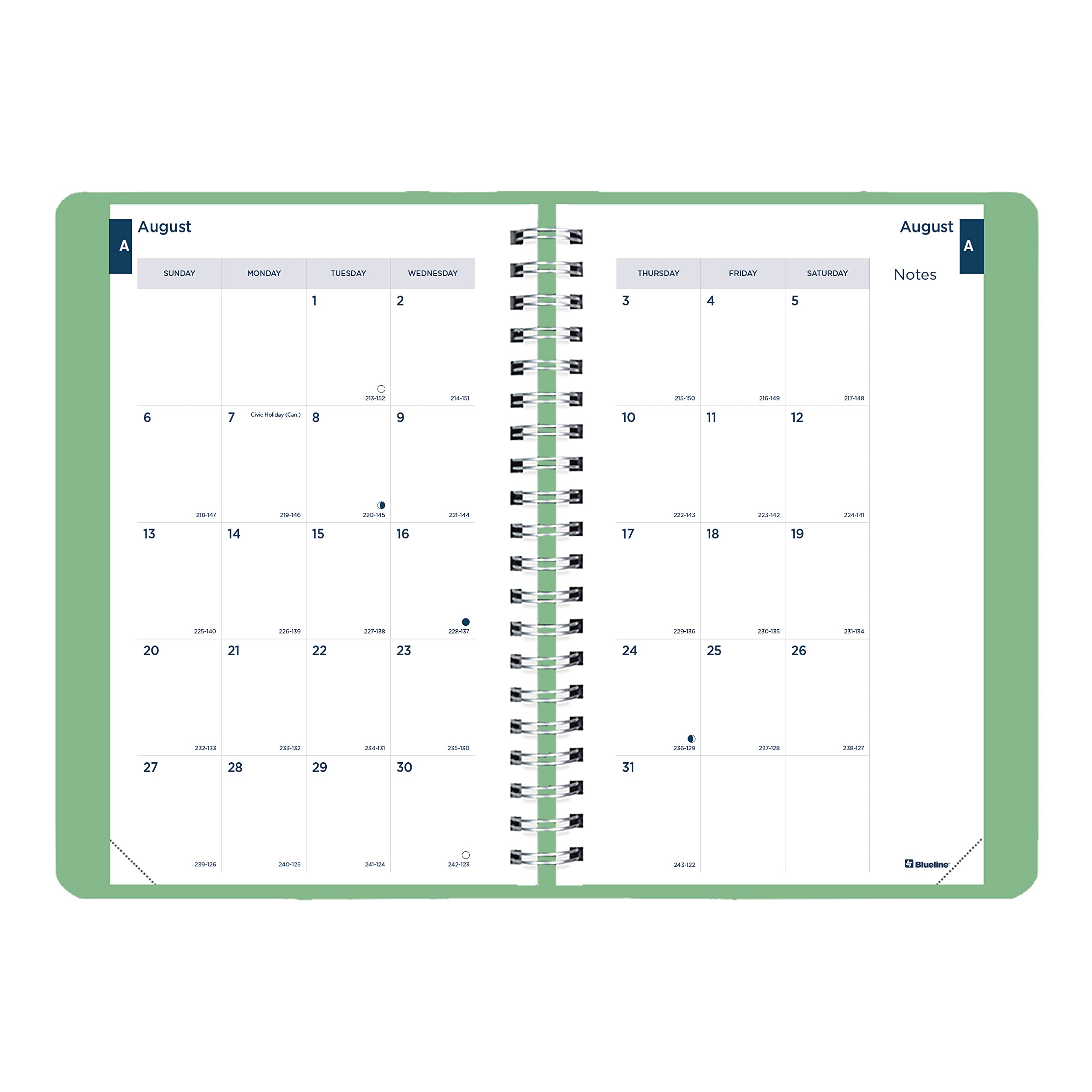 Blueline Essential Academic Daily/Monthly Planner, August 2023 to July 2024, Twin-Wire Binding, Soft Vicuana Cover, 8" x 5", Mint Green (CA201F.03-24)