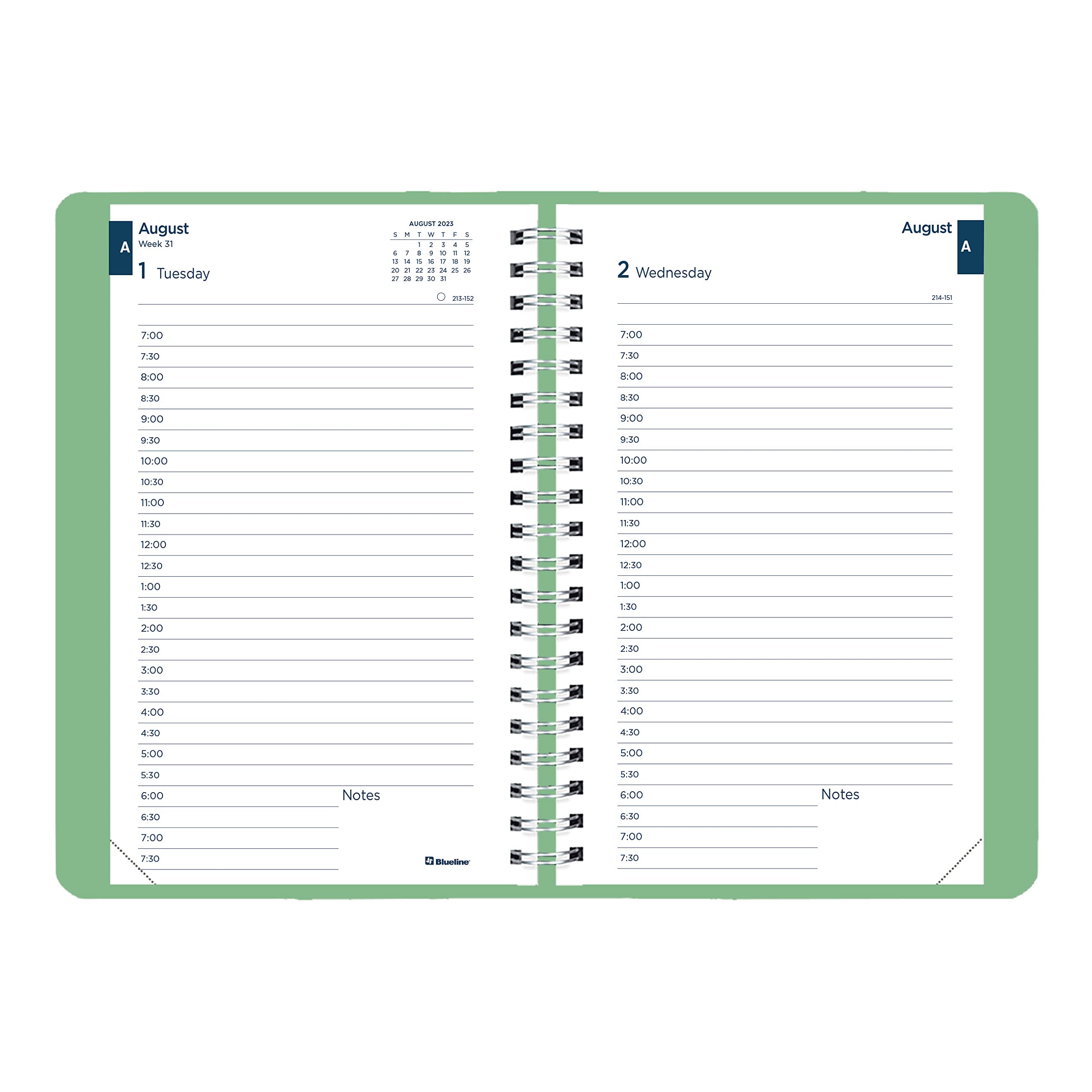 Blueline Essential Academic Daily/Monthly Planner, August 2023 to July 2024, Twin-Wire Binding, Soft Vicuana Cover, 8" x 5", Mint Green (CA201F.03-24)