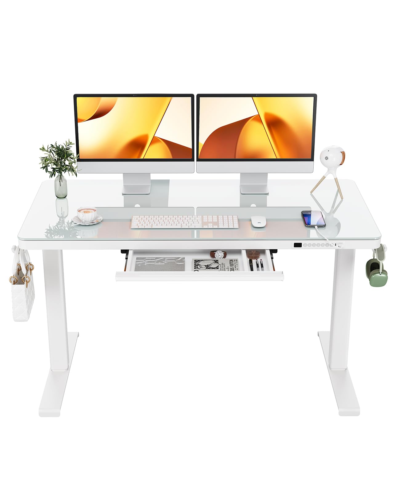 ErGear Dual Motor Electric Standing Desk with Drawers,48x24 Inch Whole-Piece Glass Desktop Quick Install,Height Adjustable Stand up Sit Stand Home Office Ergonomic Workstation with USB Charging Ports