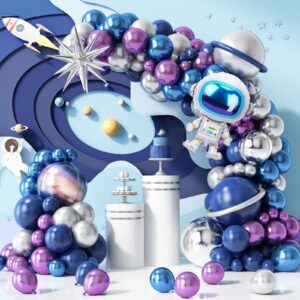 rubfac 116pcs space balloon garland arch kit space birthday decorations with blue purple silver galaxy astronaut foil balloons for boys kids space themed party decoration supplies baby shower