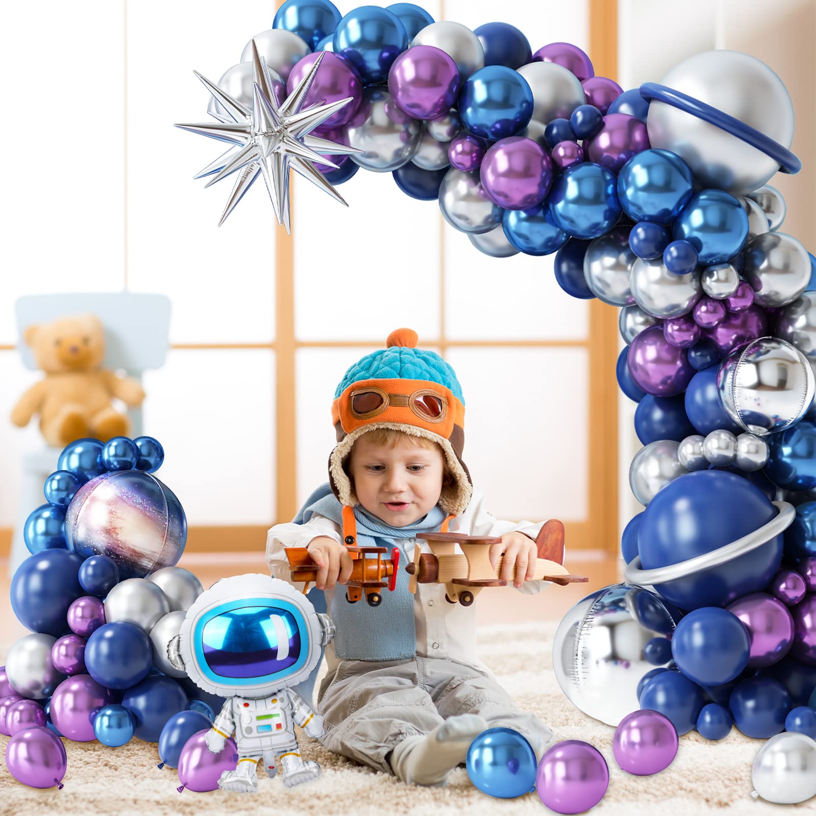 RUBFAC 116pcs Space Balloon Garland Arch Kit Space Birthday Decorations with Blue Purple Silver Galaxy Astronaut Foil Balloons for Boys Kids Space Themed Party Decoration Supplies Baby Shower