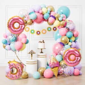 RUBFAC 145pcs Pastel Donut Balloon Garland Arch Kit, Donut Ice Cream Foil Balloons with Banner and Sprinkle Confetti Balloons, Grow Up Baby Shower Sweet One Birthday Party Decoration for Girls