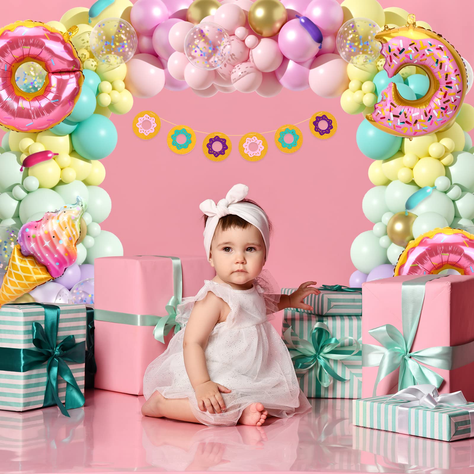 RUBFAC 145pcs Pastel Donut Balloon Garland Arch Kit, Donut Ice Cream Foil Balloons with Banner and Sprinkle Confetti Balloons, Grow Up Baby Shower Sweet One Birthday Party Decoration for Girls