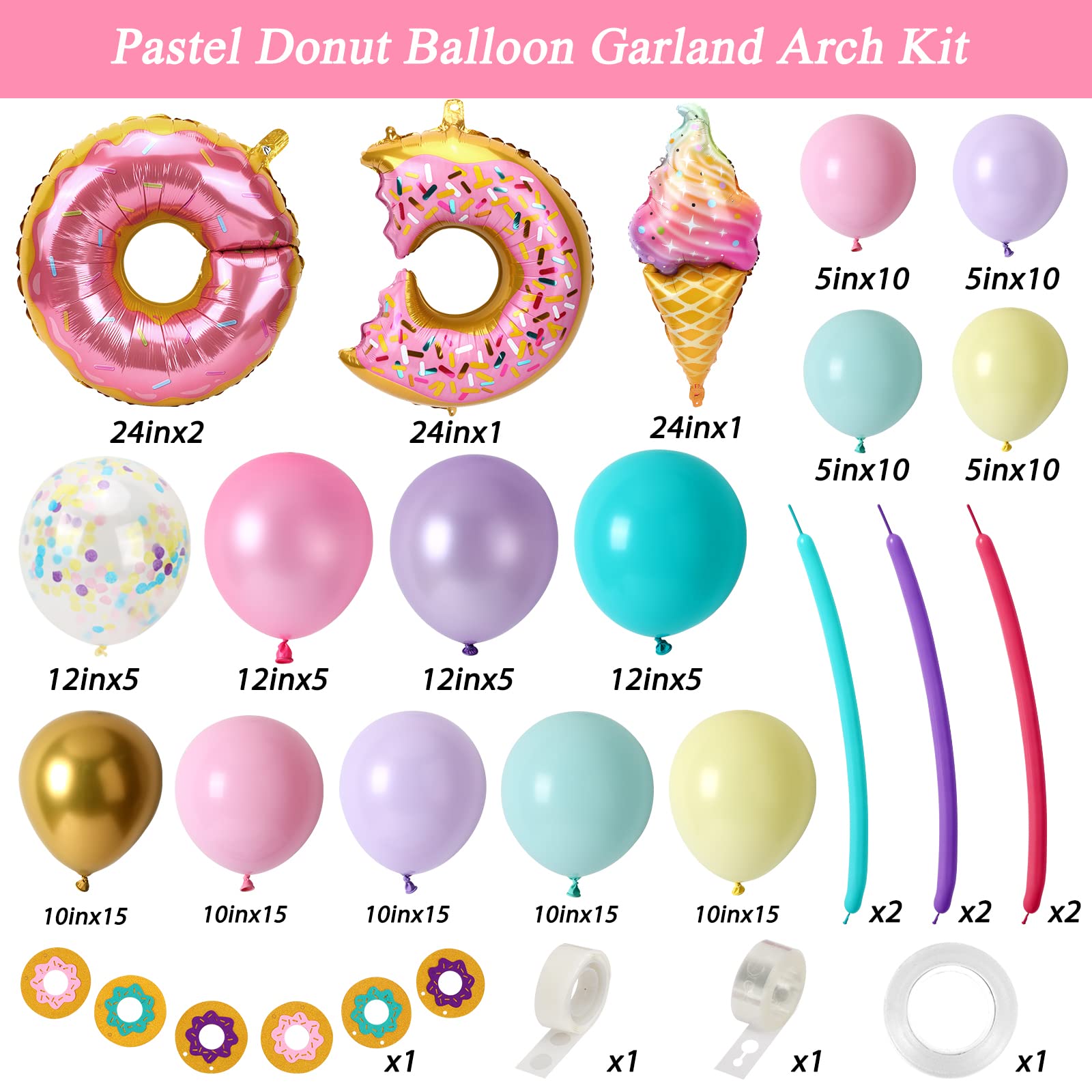 RUBFAC 145pcs Pastel Donut Balloon Garland Arch Kit, Donut Ice Cream Foil Balloons with Banner and Sprinkle Confetti Balloons, Grow Up Baby Shower Sweet One Birthday Party Decoration for Girls