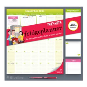 Blueline Magnetic Monthly Fridge Calendar with Shopping List and Note Pad, Runs Sept 2023 thru December 2024, 14"x13.5", (C174110A-24