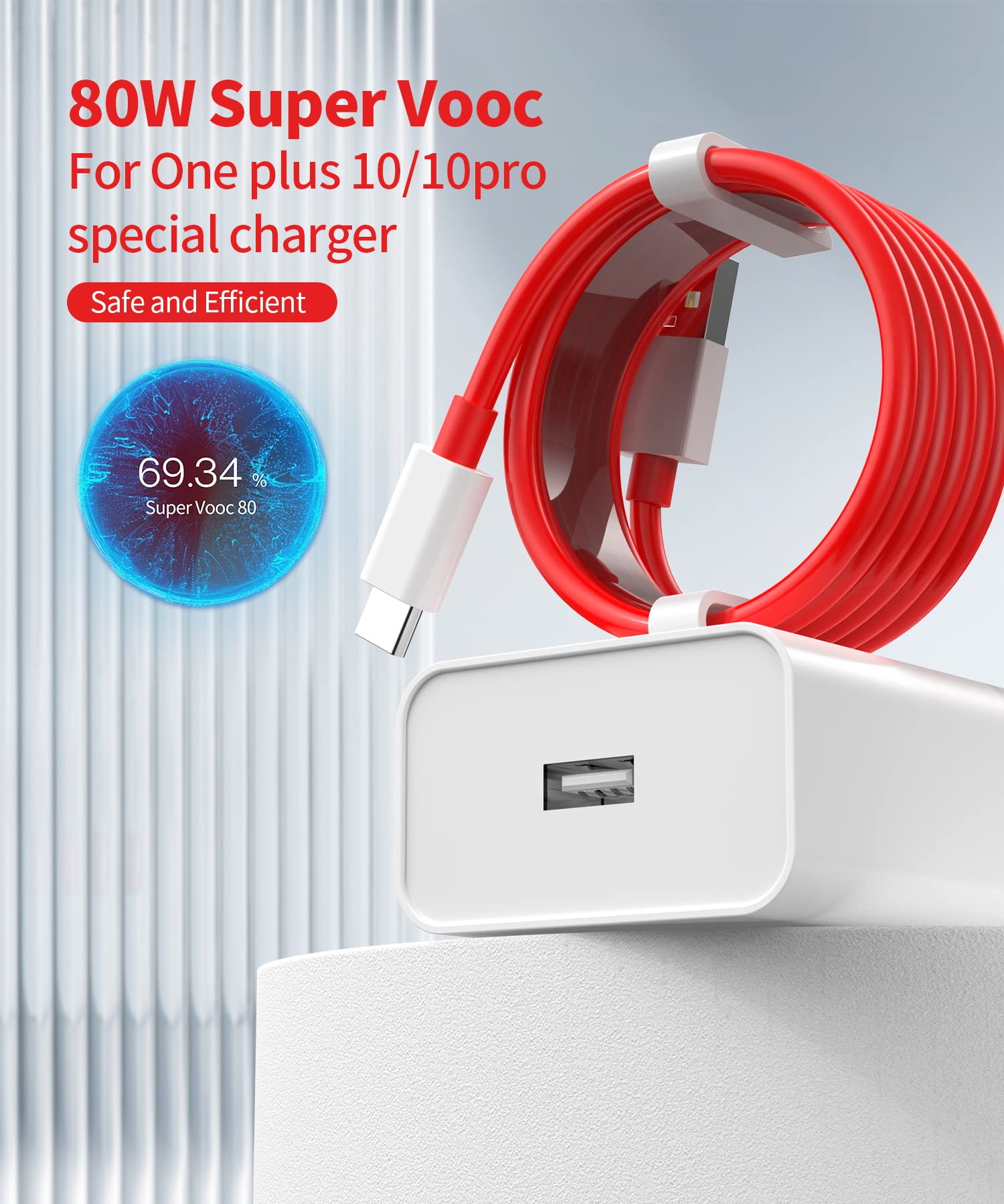 WNIEYO 10Pro/10R/10 80W SuperVooc Charger, Compatible with OnePlus 6T/6 Pro/6/5T/5 Pro, USB-C Fast Charging Cable 3.3FT