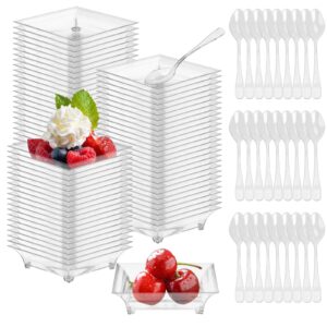 gothabach 100 sets 2.4'' mini dessert plates with tasting spoons, clear disposable mini plastic tray, mini square plastic dish for sauce, dessert, fruit or appetizer