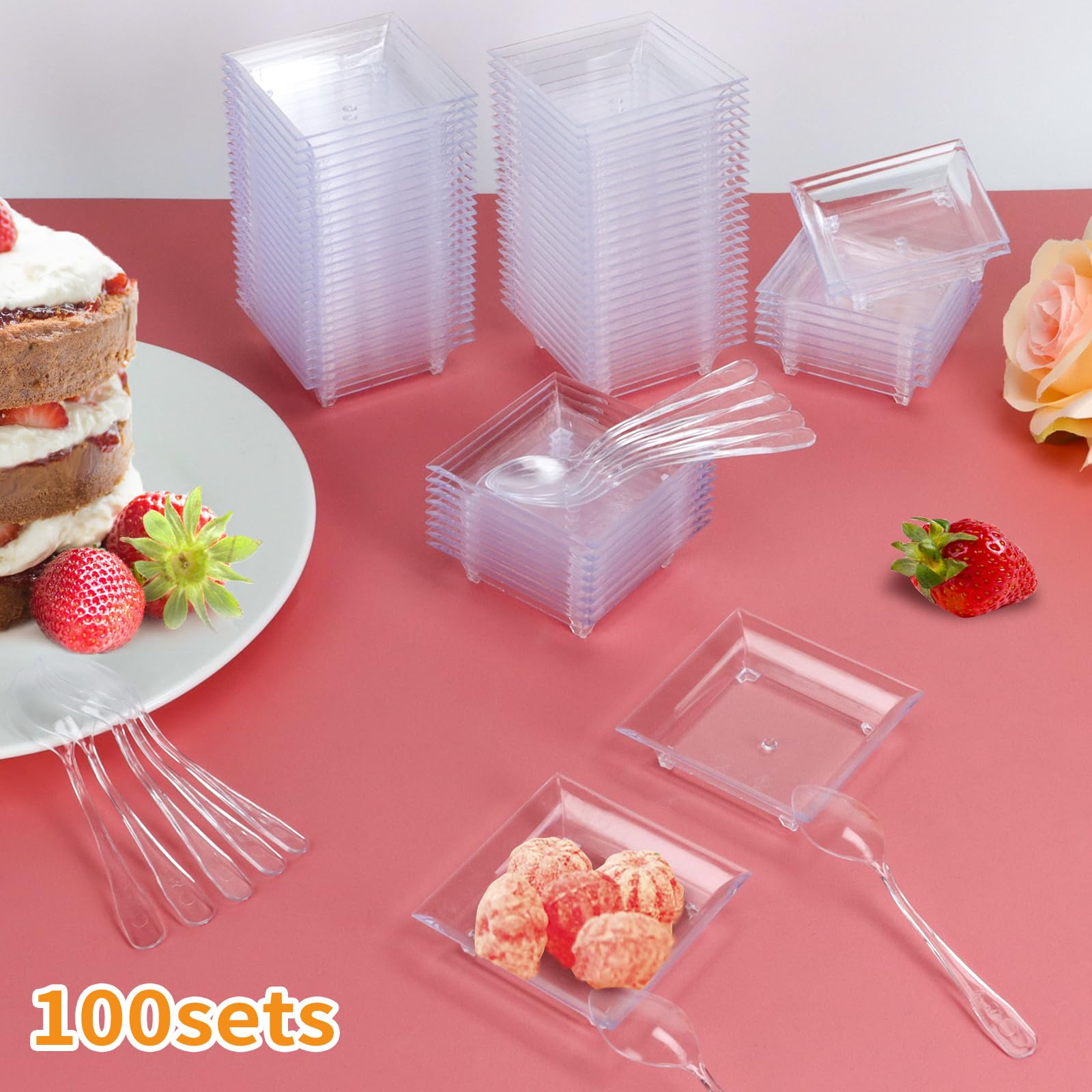 GothaBach 100 Sets 2.4'' Mini Dessert Plates with Tasting Spoons, Clear Disposable Mini Plastic Tray, Mini Square Plastic Dish for Sauce, Dessert, Fruit or Appetizer