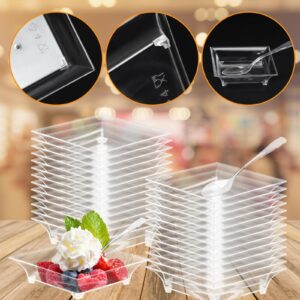 GothaBach 100 Sets 2.4'' Mini Dessert Plates with Tasting Spoons, Clear Disposable Mini Plastic Tray, Mini Square Plastic Dish for Sauce, Dessert, Fruit or Appetizer