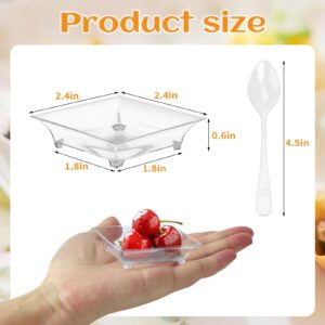 GothaBach 100 Sets 2.4'' Mini Dessert Plates with Tasting Spoons, Clear Disposable Mini Plastic Tray, Mini Square Plastic Dish for Sauce, Dessert, Fruit or Appetizer