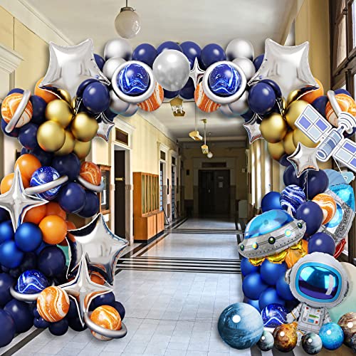 RUBFAC Space Party Decorations Balloon Garland Kit, Universe Space Planets Party Supplies UFO Rocket Astronaut Navy Blue Silver Foil Latex Balloons for Boys Kids