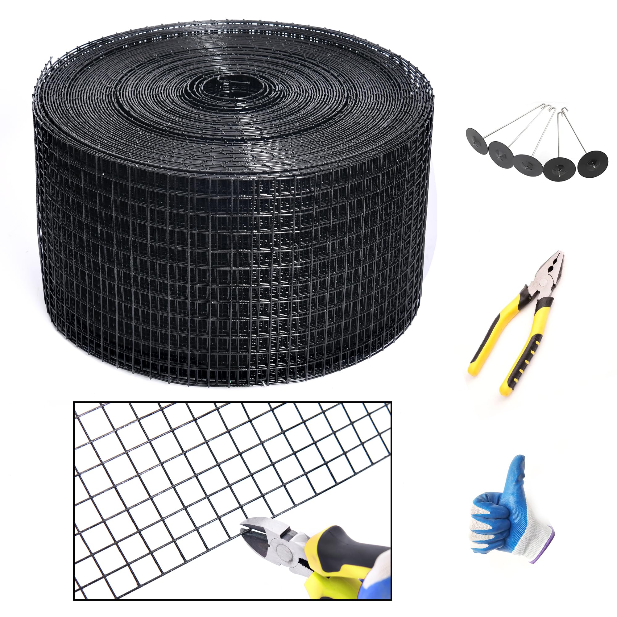 YESON Solar Panel Guard, 8in X 100ft PVC Coated Critter Guard Roll Kit for Solar Panel Wire Screen, Black Pigeon Barrier Netting with 120 Fastener Clips, Cutting Scissor, Gloves