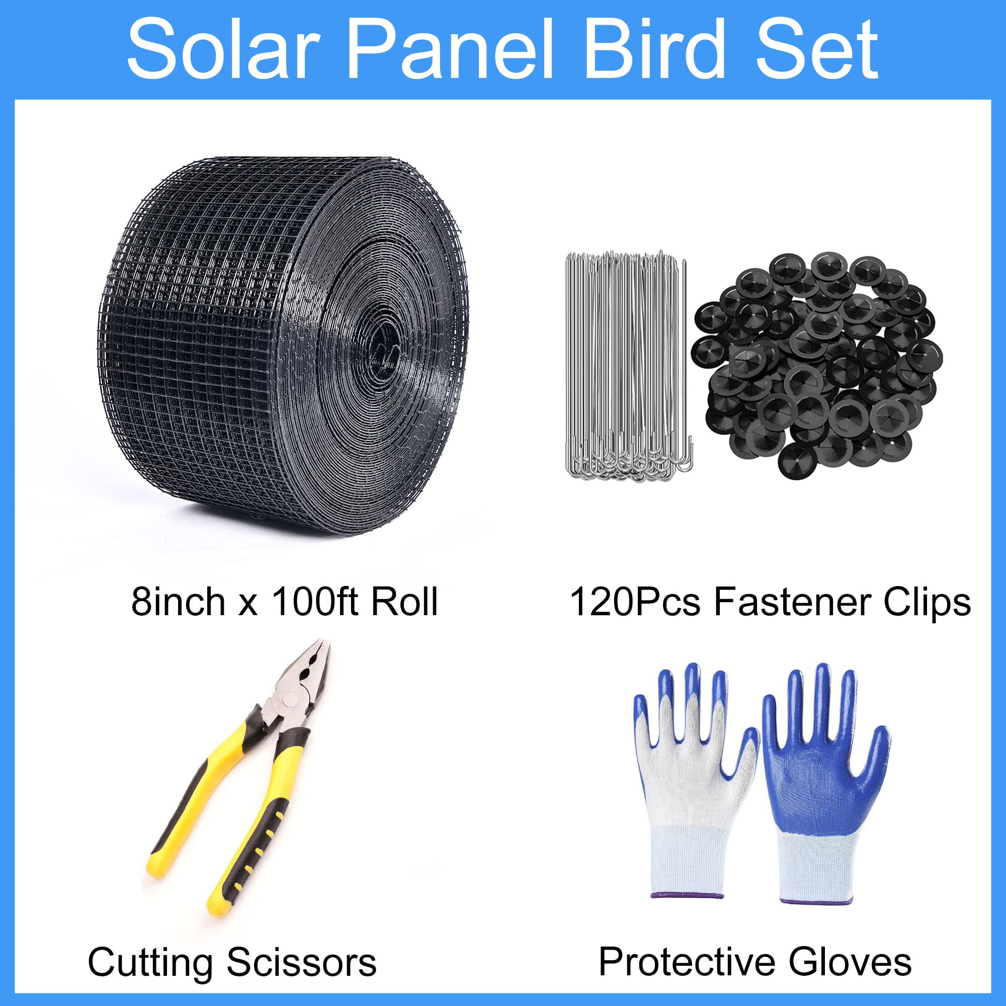 YESON Solar Panel Guard, 8in X 100ft PVC Coated Critter Guard Roll Kit for Solar Panel Wire Screen, Black Pigeon Barrier Netting with 120 Fastener Clips, Cutting Scissor, Gloves