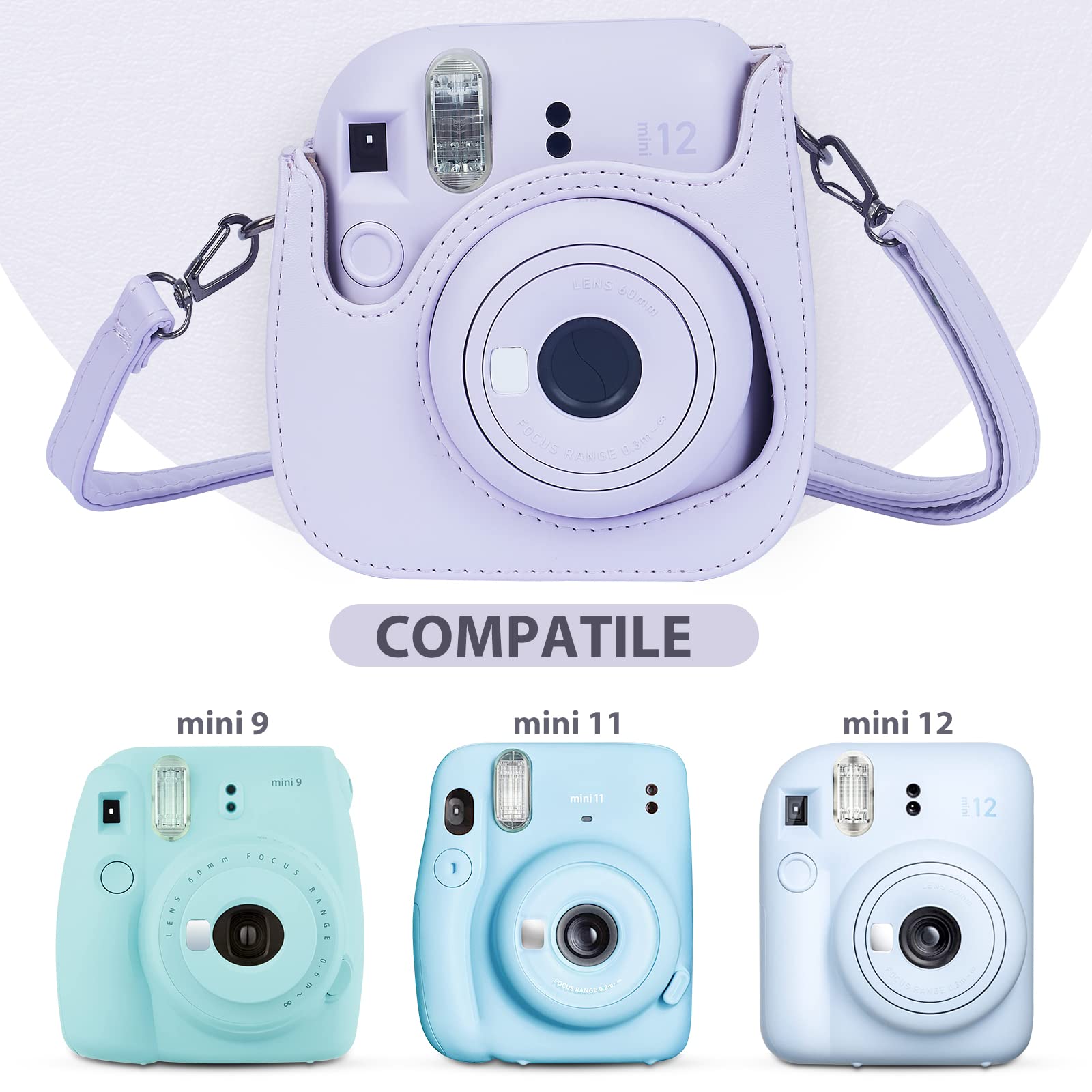 Phetium Instant mini 12 Camera Protective Case Compatible with Instax Mini 12 11,PU Leather Bag with Pocket and Adjustable Shoulder Strap(Lilac Purple)