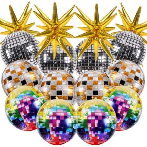 rubfac 16 pcs disco ball balloons for party decorations, multicolor & silvery disco balloons with huge gold explosion star aluminum foil balloons for birthday, bachelorette party, 70s 80s 90s theme