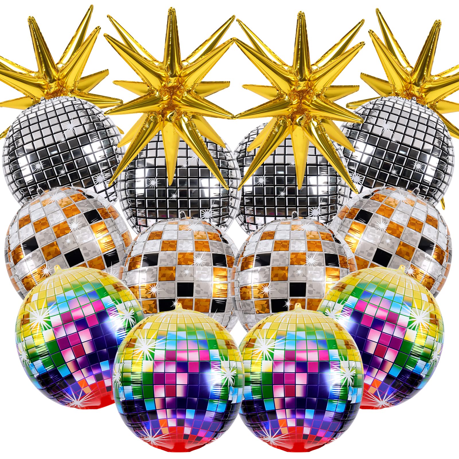 RUBFAC 16 Pcs Disco Ball Balloons for Party Decorations, Multicolor & Silvery Disco Balloons with Huge Gold Explosion Star Aluminum Foil Balloons for Birthday, Bachelorette Party, 70s 80s 90s Theme