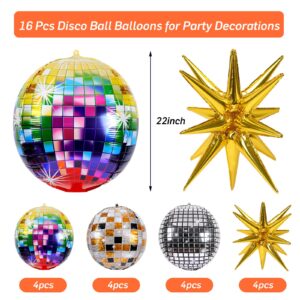 RUBFAC 16 Pcs Disco Ball Balloons for Party Decorations, Multicolor & Silvery Disco Balloons with Huge Gold Explosion Star Aluminum Foil Balloons for Birthday, Bachelorette Party, 70s 80s 90s Theme