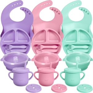 3 sets baby led weaning supplies, silicone baby feeding set with divided plate adjustable bib suction bowl with lid snack cup soft spoon fork, toddler self eating utensil (purple, mint, pink)