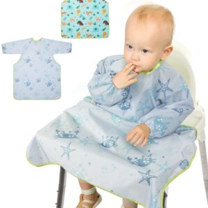 Lictin Coverall Baby Feeding Bibs - 2-Pack Long Sleeve Baby Bibs for Eating, Adjustable Weaning Bibs, Waterproof Bib Attaches and Fully Cover to Baby Highchair and Table