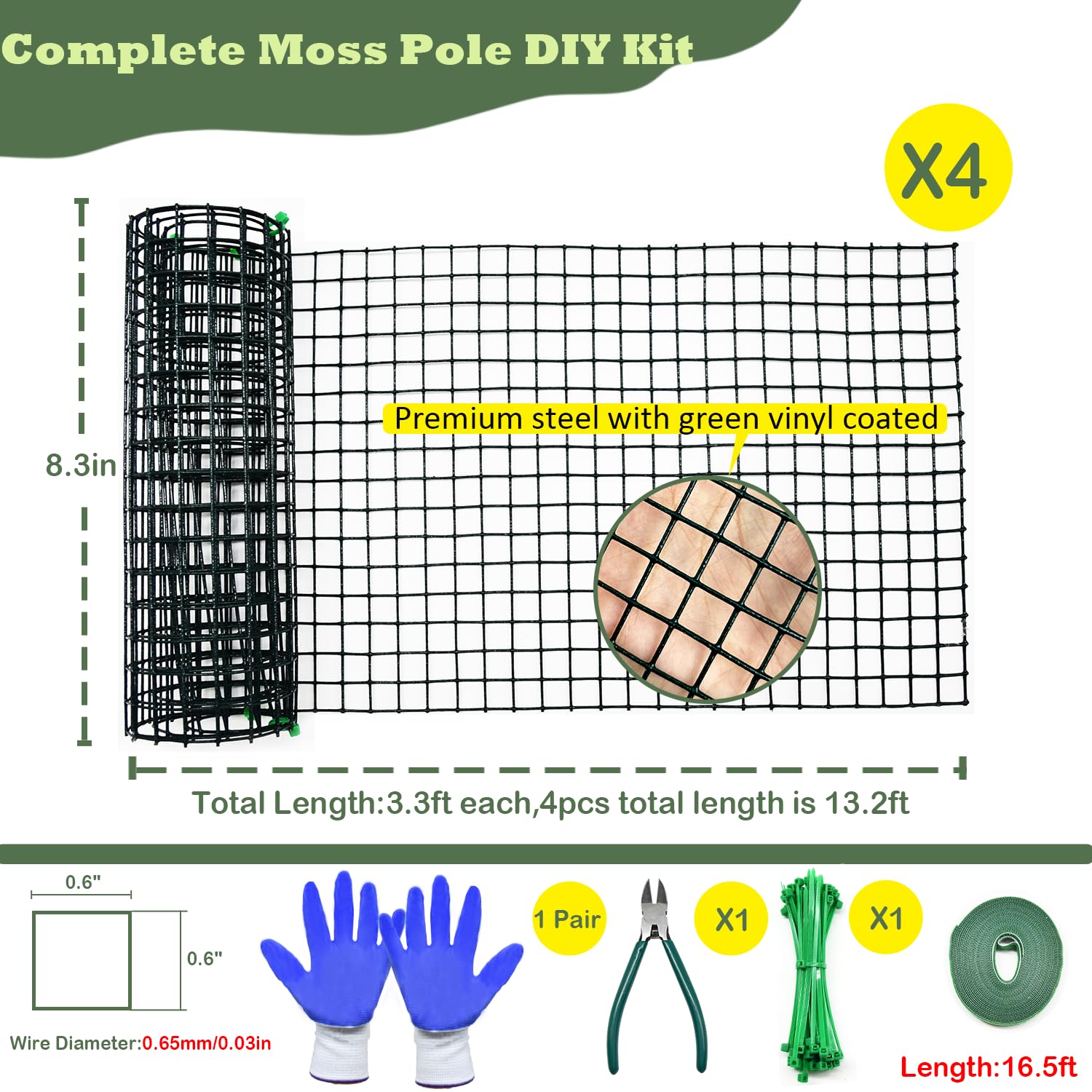 chicarry Moss Pole DIY Kit, Metal Moss Pole for Plants Monstera, 4Pcs 8.3in×3.3ft Steel Moss Pole Mesh with Plier, Cable Ties, Max 7Pcs 23" Sphagnum Moss Pole (13.2FT Wire Mesh with Plier)