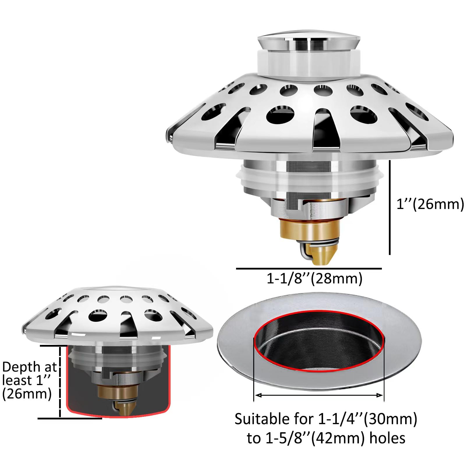 AzWzz Bathroom Sink Stopper,Sink Hair Catcher,Bathroom Sink Drain Strainer Pop Up Drain Cover Plug,Universal for 1-1/4 to 1-5/8in Sink Drain Hole