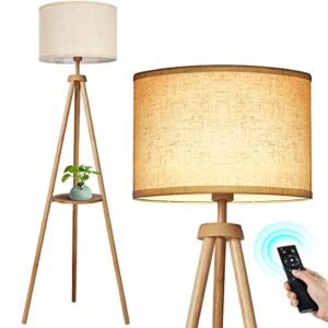 outon wood tripod floor lamp with shelves, mid century floor lamp with remote control,4 color temperature, led modern dimmable standing lamp with beige linen shade for living room, bedroom, office