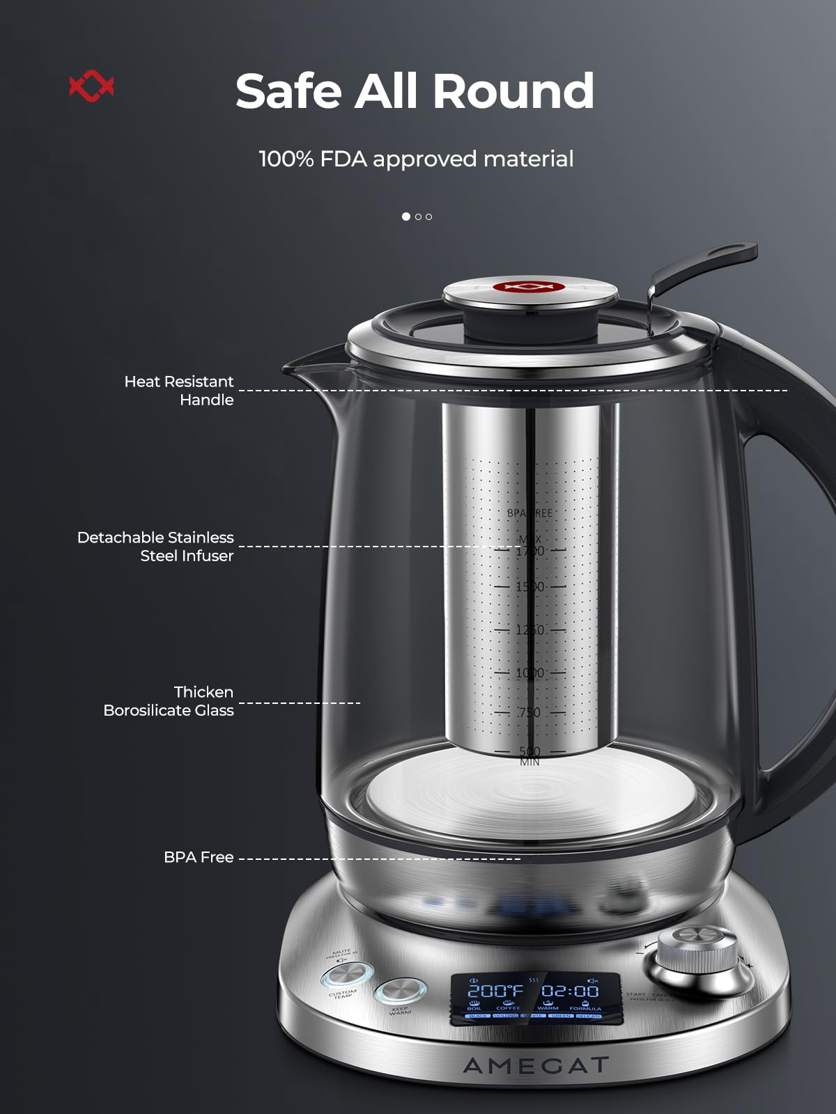 Tea Kettle Electric, AMEGAT Tea Pot with Removable Infuser, 9 Preset Brewing Programs Tea Maker with Temperature Control, 2 Hours Keep Warm, 1.7L Electric Kettles, 1200W, Glass and Stainless Steel
