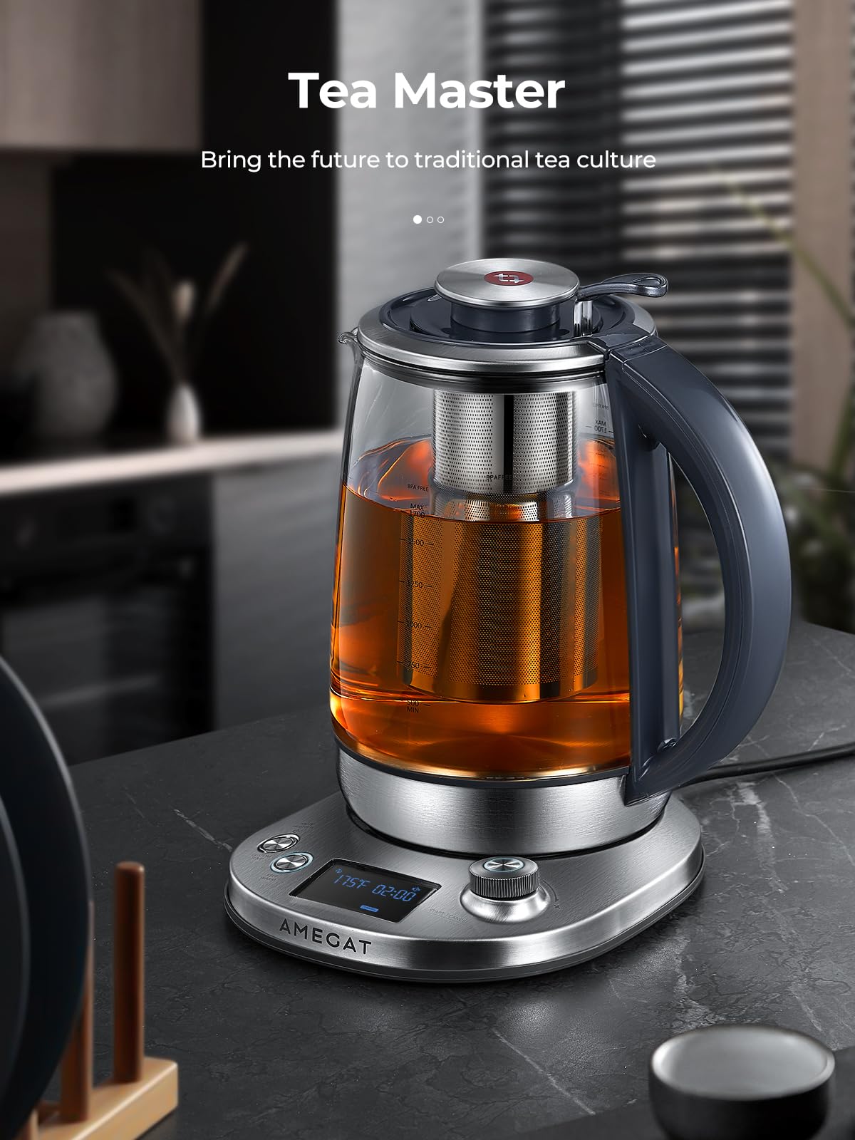 Tea Kettle Electric, AMEGAT Tea Pot with Removable Infuser, 9 Preset Brewing Programs Tea Maker with Temperature Control, 2 Hours Keep Warm, 1.7L Electric Kettles, 1200W, Glass and Stainless Steel