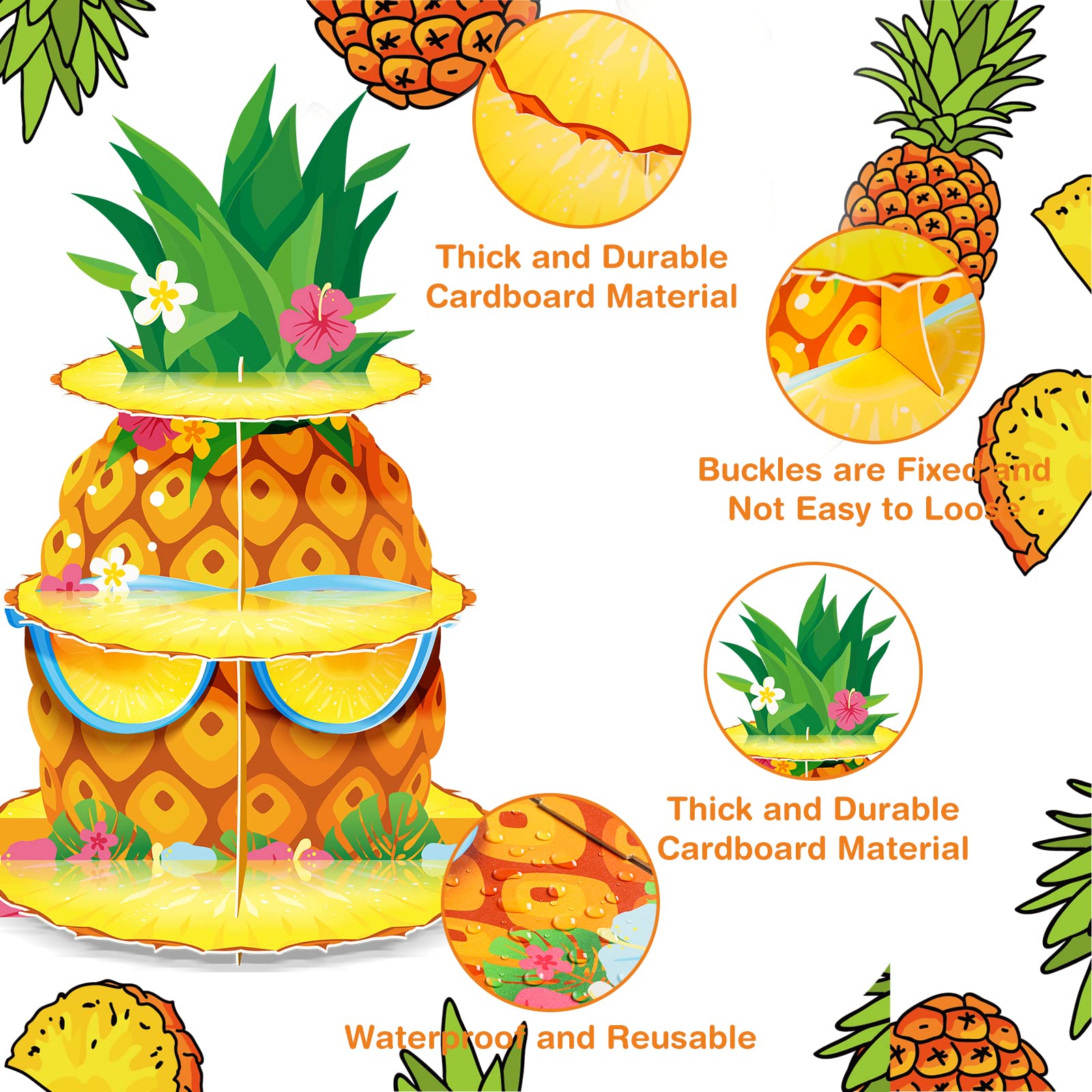 Zopeal 3 Tier Hawaiian Pineapple Cupcake Stand Pineapple Theme Cupcake Holder Luau Aloha Cake Holder Decorations Tropical Cupcake Dessert for Summer Pool Beach Baby Shower Birthday Party Supplies