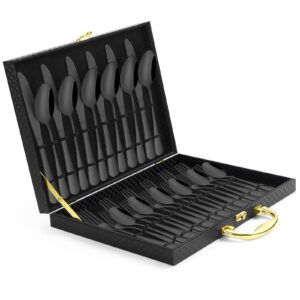 30-piece black silverware set, blingco black flatware set for 6, food-grade stainless steel cutlery set, tableware eating utensils with gift box for home restaurant, mirror polished, dishwasher safe