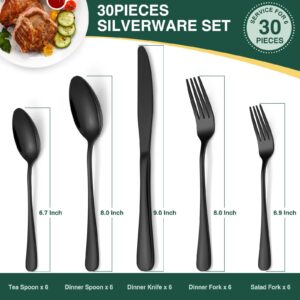 30-Piece Black Silverware Set, Blingco Black Flatware Set for 6, Food-Grade Stainless Steel Cutlery Set, Tableware Eating Utensils with Gift Box for Home Restaurant, Mirror Polished, Dishwasher Safe